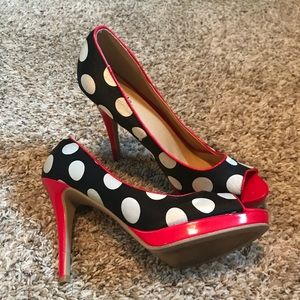 Red and black with white polkadot high heels